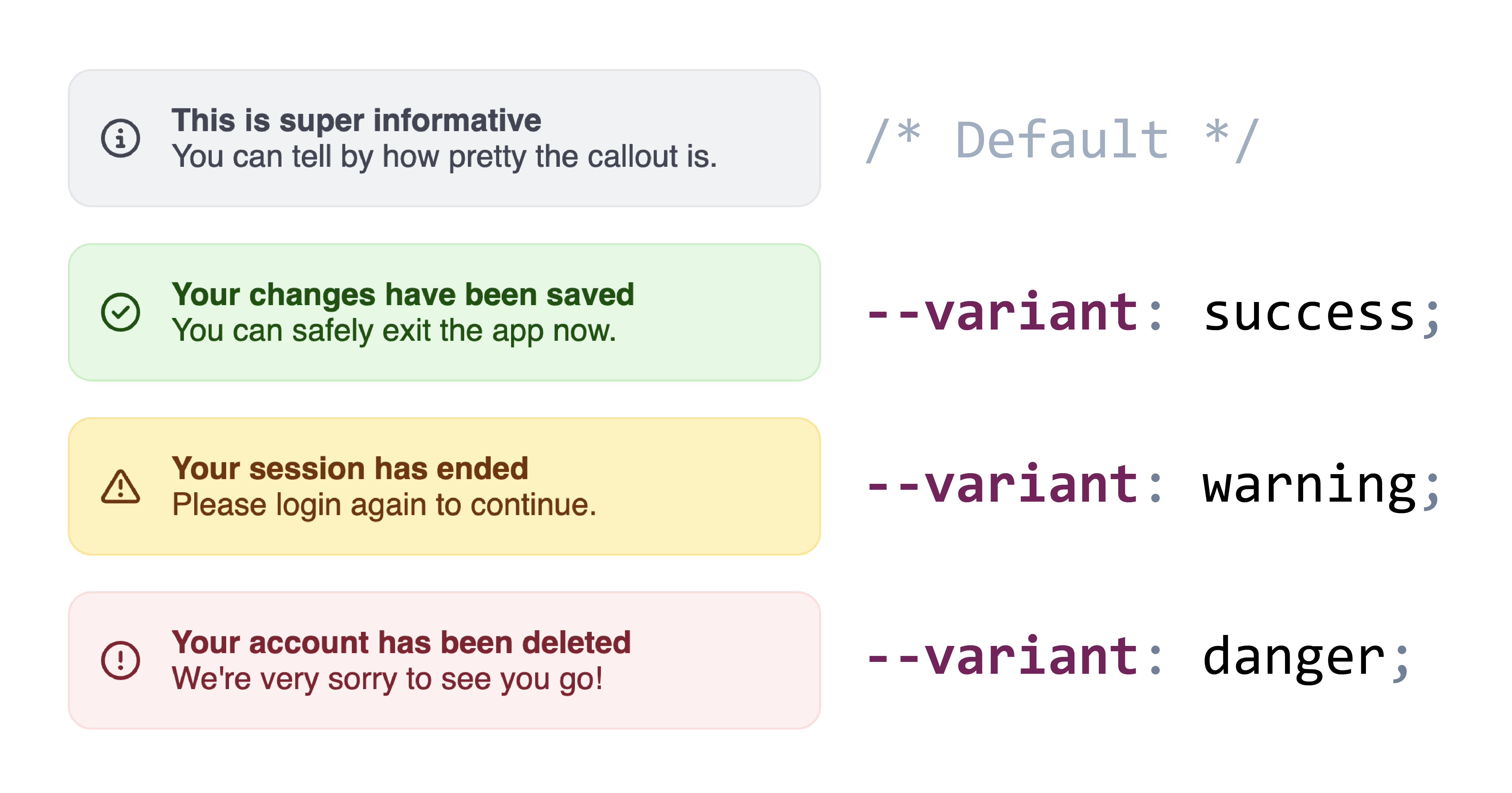 A series of callouts with --variant declarations next to them